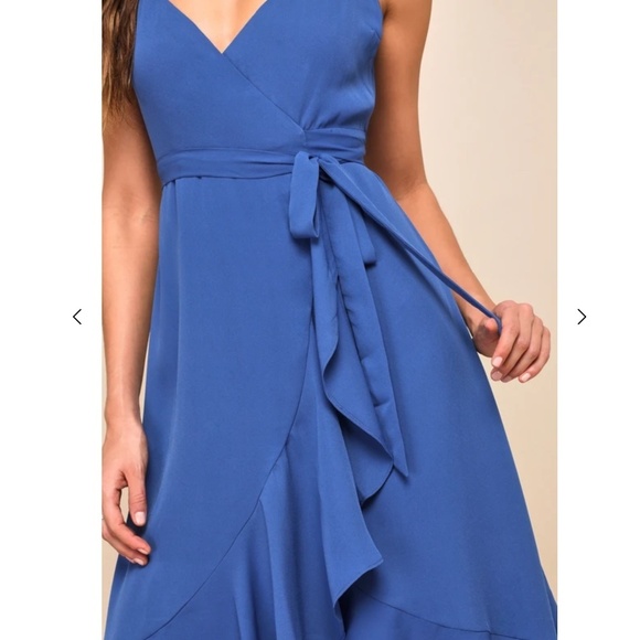 Lulus Manhattan Moment Blue Ruffled Midi Wrap Dress - Blue - Size Medium - Picture 5 of 16